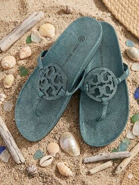 Tory Burch Teal Logo Cutout Thong Sandals